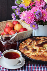 Tea and Apple pie Charlotte. Food still life.
