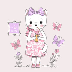 Cute cat girl. Little kitty drinking juice. Vector illustration for children print design