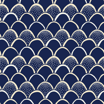 Indigo Hand-Drawn Japanese Style Fishscale Vector Seamless Pattern. Katazome Resist Dyed Print. Stippling Texture