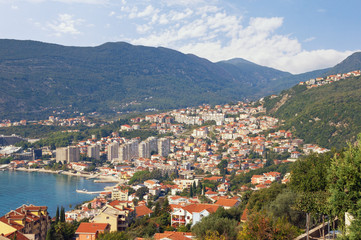 Fototapeta na wymiar Mediterranean landscape. Montenegro, Adriatic Sea, Bay of Kotor, view of coastal town of Herceg Novi