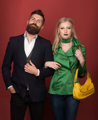 They got great style. Love relations. Autumn fashion trends. Couple in love in fashionable style. Fashion couple of sexy woman and bearded man. Enjoying friendly relations. Autumn street style