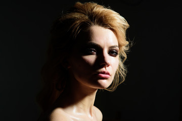 Fototapeta premium I love doing hair. Hair care. Woman of fashion. Sexy woman wear decorative makeup. Woman with long blond hair. Sexy girl. Go fashion. Pure beauty