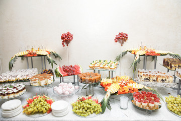 Candy bar. Table with sweets, candies, dessert.