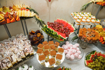 Candy bar. Table with sweets, candies, dessert.