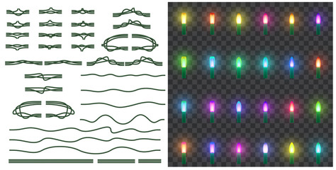Vector set of christmas lights isolated on transparent background, and set of seamless wires to create a festive garland any complexity.