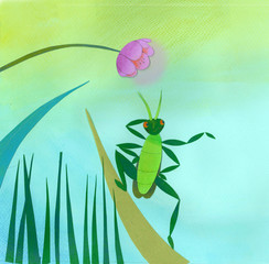 paper collage illustration of a grasshopper in the grass with a pink flower