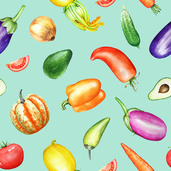 Seamless pattern with watercolor colorful vegetables on light blue green background.
