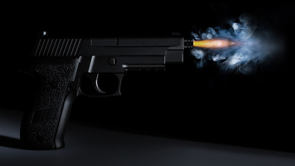 shot from a handgun with a bullet in motion, fire and smoke
