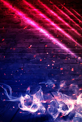 Brick wall, background, neon light, smoke