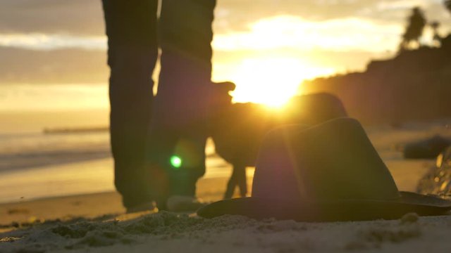 Golden hour sunset on a beach in Santa Barbara, California with a woman and her cute small dog and a Labrador in silhouette as she picks up her hat off the sand.