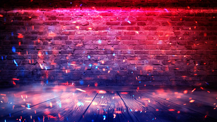 Brick wall, background, neon light, smoke