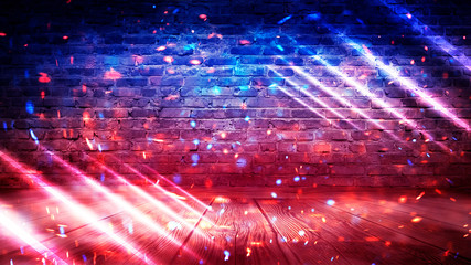 Brick wall, background, neon light, smoke