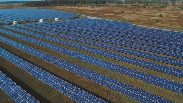 Panoramic view of a solar power plant. Shot on drone