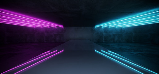 Dark Purple Blue Neon Glowing Tubes Futuristic Modern Empty Sci Fi Grunge Concrete Reflective Room With White Lights And Stage Arena Background Spaceship Glowing 3D Rendering