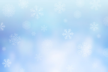 Christmas abstract winter shiny snow bokeh background with unique snowflakes
