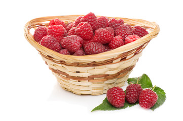 ripe raspberries in basket with mint on white