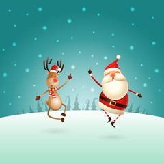 Happy expression of Santa Claus and Reindeer -  they jumping straight up and bring their heels  claping together right under on winter landscape - Christmas template poster