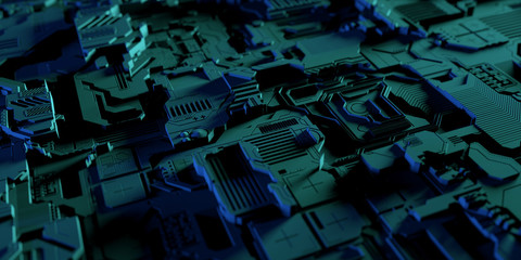 Abstract High Detailed Metal Electronic Board Plate Technology Concept Background Wallpaper With Blue Neon Lightning 3D Rendering