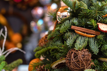 Colorful Christmas decorations on tree for festive background