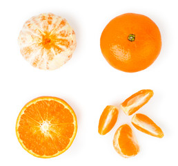 Set of tangerines, peeled, slices and halves on a white. The view from the top.