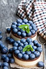 Two mini chocolate cheesecake with fresh blueberry on wooden table