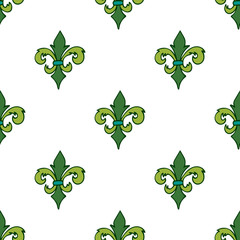 Colorful seamless pattern with green hand drawn doodle royal floral ornament on white. French fleur-de-lis element. Flourish damask infinity background. Vector illustration. © _aine_