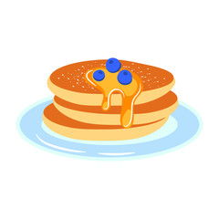 Pancakes with berries on a plate vector cartoon icon.