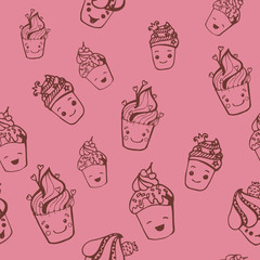 Seamless pattern with funny cupcakes