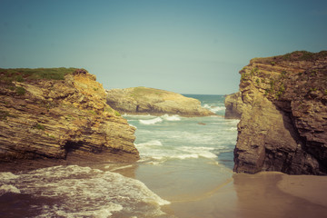 Playa de las catedrais (cathedrals beach), in galicia, Spain. Famous touristic destination beach from atlantic coast in Spain. General travel imagery