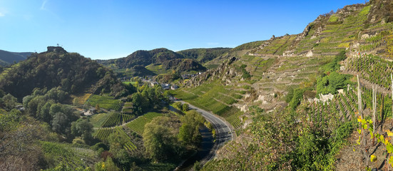 Panorama der Weinberge im Ahrtal auf dem Rotweinwanderweg bei Mayschoss