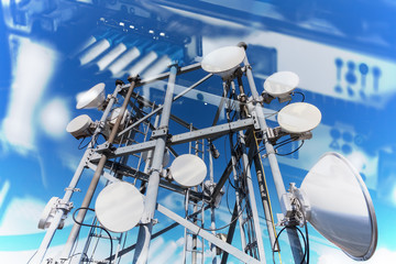 Collage of Internet, communications and network concept with pictures of  data transfer by optical...