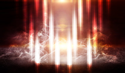 Background of an empty dark room. Empty walls, lights, smoke, glow, rays