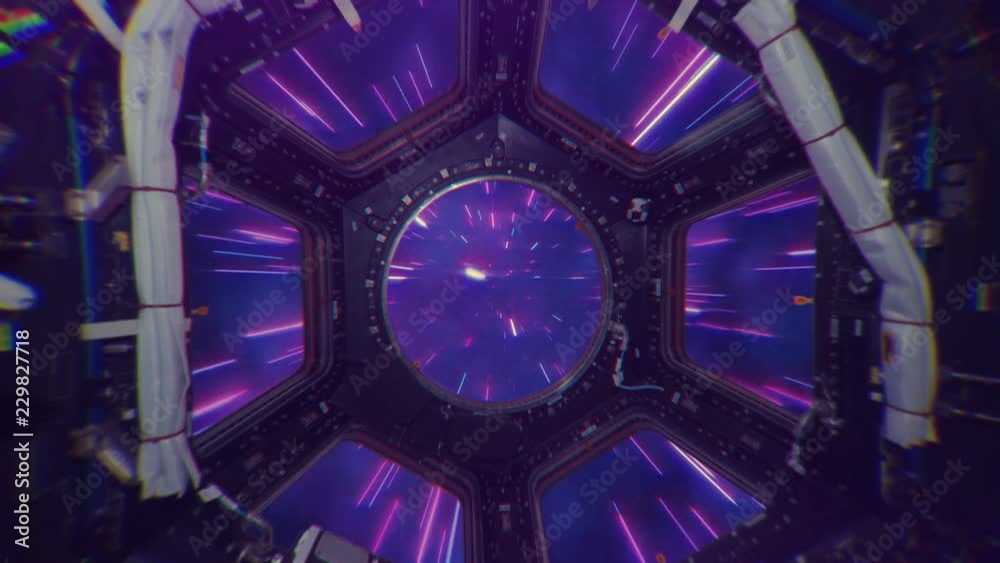 Poster abstract retro hyper jump in outer space on a spaceship view from the window, element finished by na