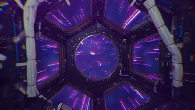 Abstract retro hyper jump in outer space on a spaceship view from the window, element finished by NASA