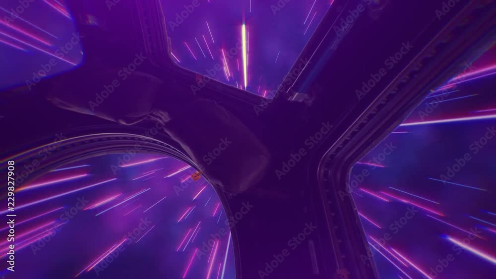 Poster abstract retro hyper jump in outer space on a spaceship view from the window, element finished by na