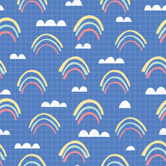 Whimsical Cut Out Rainbow Clouds on Squared Background Vector Seamless Pattern. Nursery Texture. School Notebook Paper