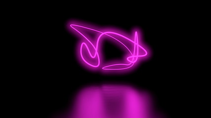 Futuristic Sci-Fi Abstract Purple Neon Light Shapes On Black Background wall and Reflective floor With Empty Space For Text 3D Rendering Illustration