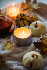 Burning candle in jar, autumn leaves and small decorative pumpki