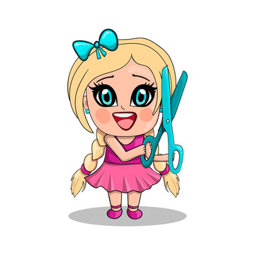 Little girl with scissors in cartoon style