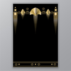Elegant Art Deco page design , menu decoration  for print and web. Golden black middle east retro motive geometric pattern.