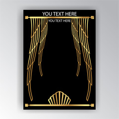 Art Deco template golden-black, A4 page, menu, card, invitation, Sun and city lights in a ArtDeco/Art Nuvo style, beautiful bakcground .