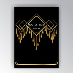 Art Deco template golden-black, A4 page, menu, card, invitation, Sun and city lights in a ArtDeco/Art Nuvo style, beautiful bakcground .