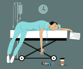 Exhausted overworked female doctor or intern lying on a gurney, her son is calling her on a smartphone, EPS 8 vector illustration