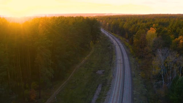 Aerial view of railroad in autumn forest with approaching train at sunset