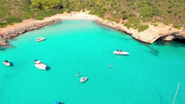 Aerial footage on Cala Varques beach, Mallorca. A hidden paradise with crystal clear water.
