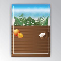 Cool wooden menu template for bar or restaurant , web and print product . Beach vacation tropic motive .Cocount and oranges .