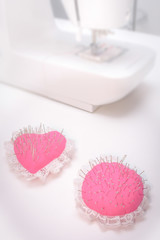 Detail of pin cushions in a sewing business