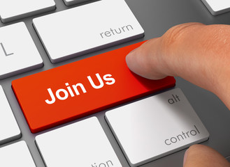 join us pushing keyboard with finger 3d illustration