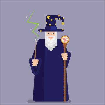 Pixel wise mage with wand and staff . Cool . and funny cartoon charachter for games and books. Wizard for print and web