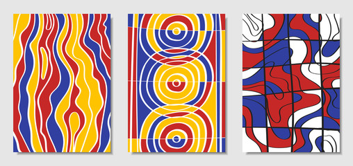 Cover Design Templates Set in Bauhaus Style. Abstract Backgrounds with Handwritten Wavy Lines and Ethnic Elements. Bright Hipster Abstraction. Vector Covers for Placard, Poster, Layout, Splash Screen.